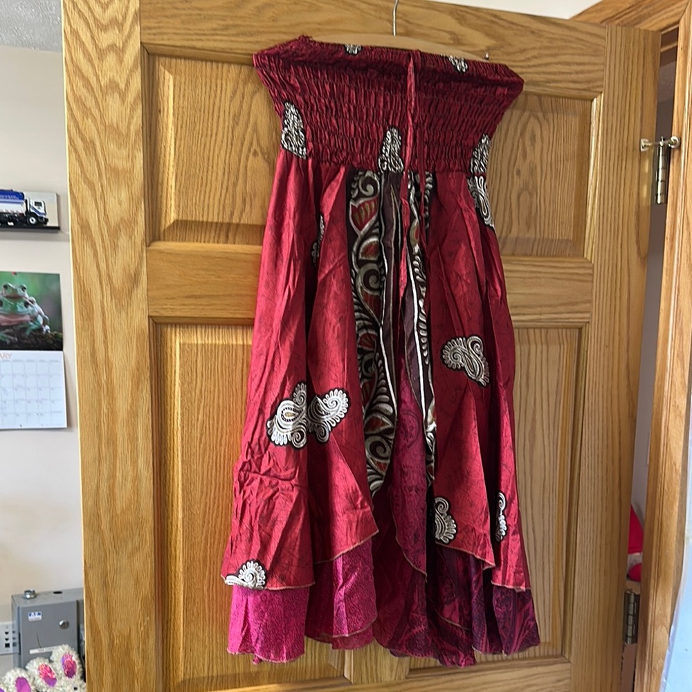 Red Strapless Dress with Floral Pattern
